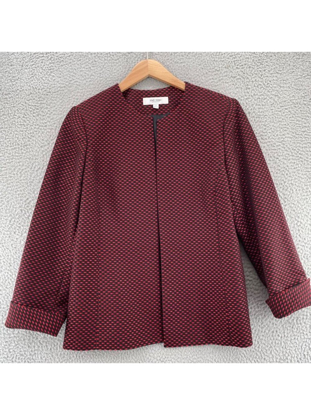 Jones Studio Blazer Womens 14 Red Black Dot Open Front Jacket Office Career Work